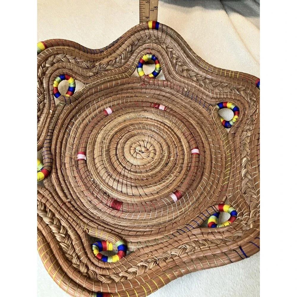 Hand Woven Multi-Colored Coiled Bowl Basket Rainbow Pride Cottage Core Kitchen